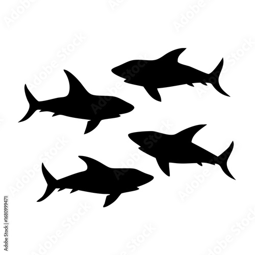 Vector art of silhouette of a group of sharks, swimming together in the ocean, a simple black and white vector illustration of marine predators