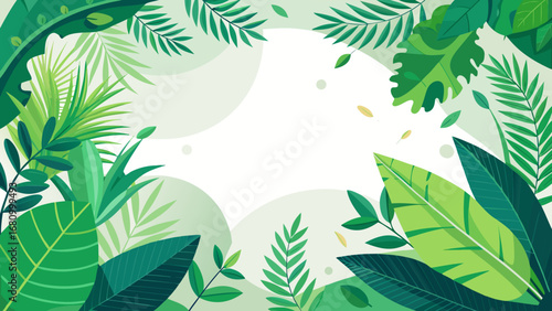 Vector art of tropical leaves background with green plants, jungle nature, and summer frame