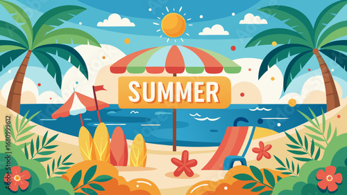 Vector art of summer beach with palm trees, umbrella, surfboard and sunny sky