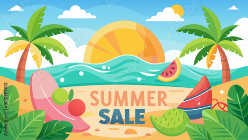 Vector art of summer sale on tropical beach with palm trees, surfboard and watermelon