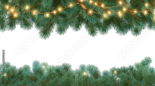 Festive Green Pine Branches with Warm Golden Lights Holiday Border