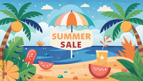Vector art of summer sale banner with beach landscape, palm trees, and tropical elements