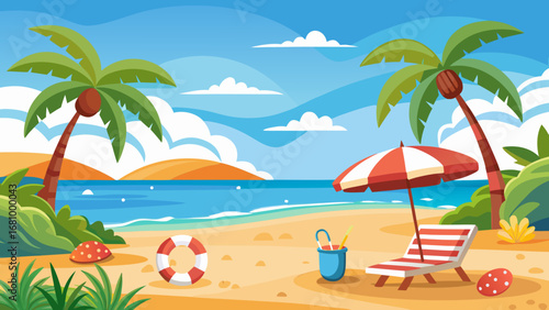 Vector art of tropical beach scene with palm trees, umbrella, and lifebuoy illustration