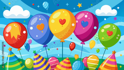 Vector art of colorful balloons and party hats create a festive birthday celebration scene