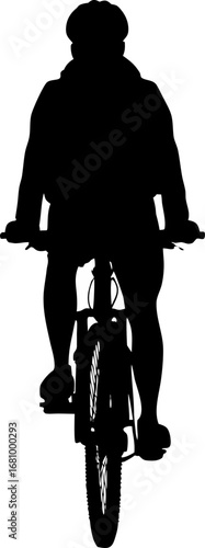 a cyclist rides forward framed by two large arrows