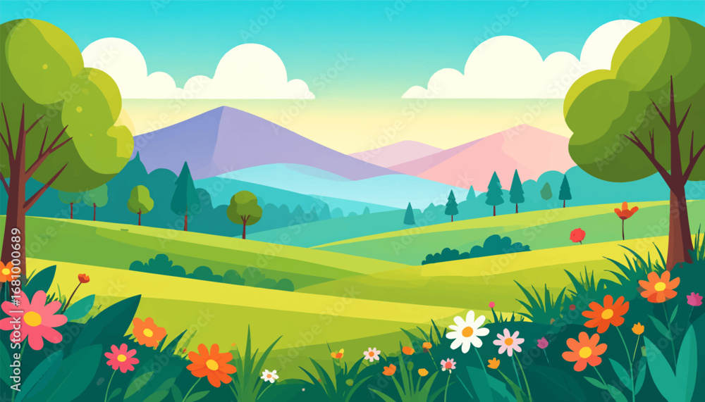 Fototapeta premium Sunset landscape with vibrant colors. Fresh green fields and blooming flowers. Serene countryside with hills and flowers. Vibrant nature with blooming wildflowers. Stunning flower field