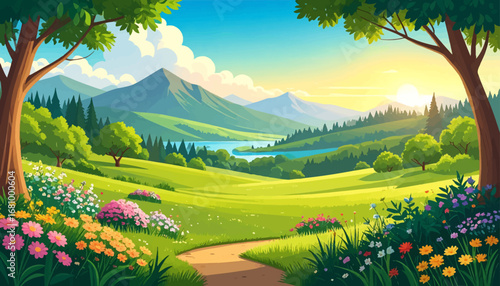 Beautiful scenic mountain view. Vibrant spring meadow landscape. Serene nature view with flowers. Lush green valley with mountains. Colorful blooming flowers in nature