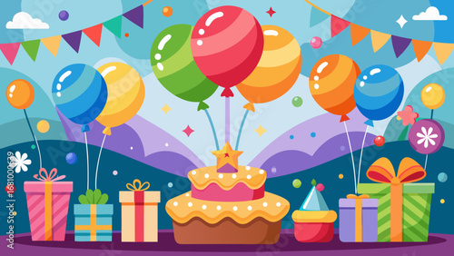 Vector art of festive birthday party scene with cake, balloons, and gifts illustration