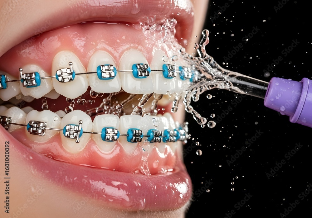 Fototapeta premium Close up of teeth with braces being cleaned with a water flosser against a black background