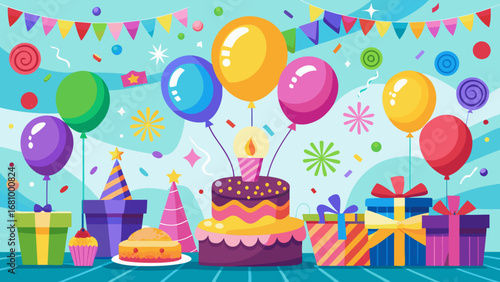 Vector art of colorful birthday party with cake, balloons, gifts and decorations