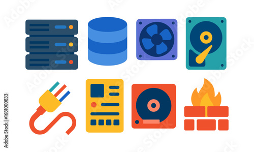 Flat style data storage and network icons set for technology concepts