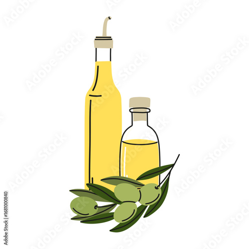 Olive oil in glass jar. Berries on plate and leaves. Cooking organic product. Bottle with liquid. Natural extra virgin. Diet vegan ingredient. Healthy food. Vector cartoon flat isolated illustration