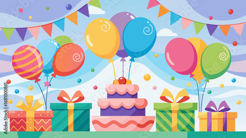 Vector art of birthday party with cake, balloons, and gifts for a special celebration