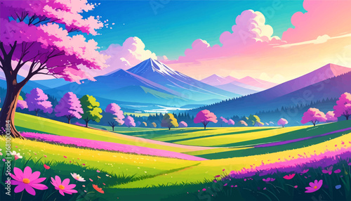 Vibrant scenic mountain landscape view. Serene sunset view with colorful flowers. Blooming nature with rolling green hills. Peaceful landscape with pink trees and sky. Beautiful springtime mountain