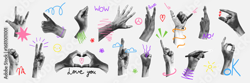 Halftone hands. Realistic black and white arm, different gestures, pop art, old vintage newspaper clippings, thumbs up, heart and ok. Cutout palm. Doodle trendy elements. Vector isolated illustration