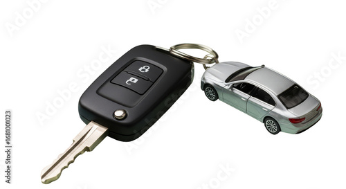 Car keys and toy vehicle on dark backdrop