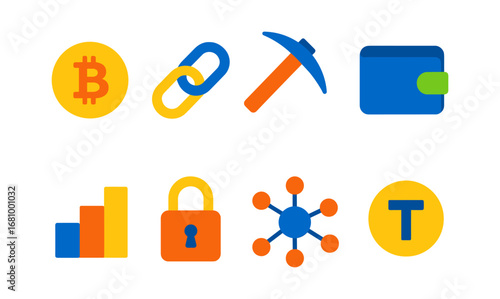 Cryptocurrency essentials: colorful icon set for blockchain and digital finance