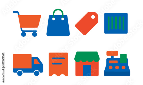 Colorful shopping icons set featuring cart, bag, and store elements in flat style
