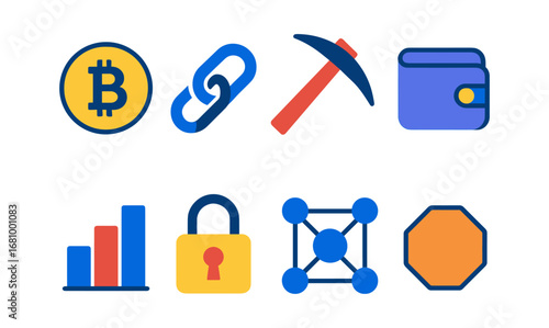 Cryptocurrency icon set: bitcoin, blockchain, mining, wallet, security