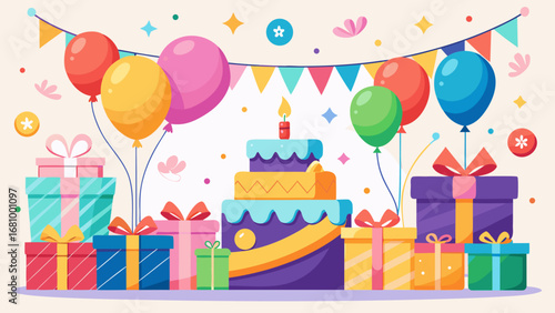 Vector art of colorful birthday party with cake, gifts, and balloons