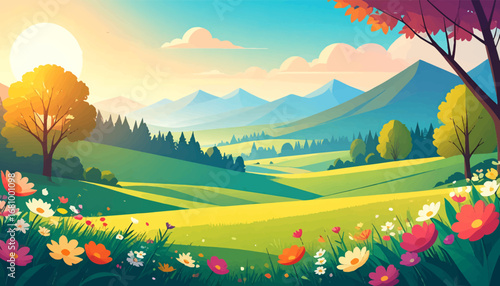 Serene mountain landscape with flowers. Vibrant flowers and mountains in sunset. Peaceful scenic valley with trees and blooms. Beautiful nature with colorful foliage. Lush rolling hills and wildflower