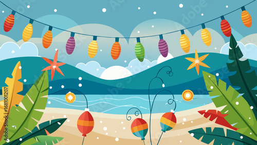 Vector art of tropical christmas on the beach with festive lights and decorations