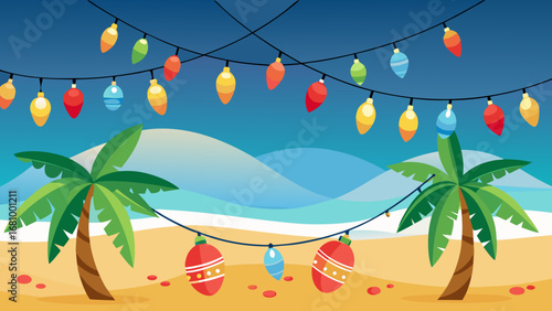 Vector art of tropical christmas on the beach with palm trees and string lights