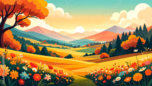 Tranquil countryside with mountain backdrop. Bright valley with colorful trees and flowers. Mountain meadow with blooming wildflowers. Autumn landscape with warm colors and trees