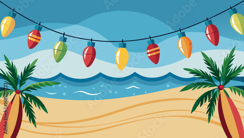 Vector art of tropical christmas beach scene with palm trees and christmas lights