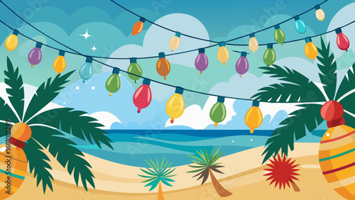 Vector art of tropical beach with christmas lights and palm trees in summer vacation