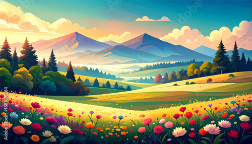 Colorful valley with flowers, trees. Peaceful mountain scene with bright skies. Scenic field with blooming wildflowers. Bright sunset over rolling green hills. Beautiful nature view with vibrant bloom