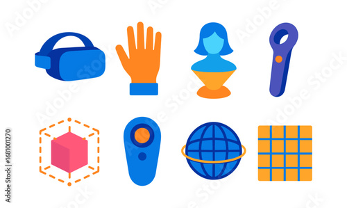Colorful isometric icons of modern digital and virtual reality tools
