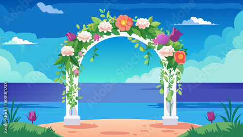Vector art of wedding arch decorated with flowers on the beach with sea background