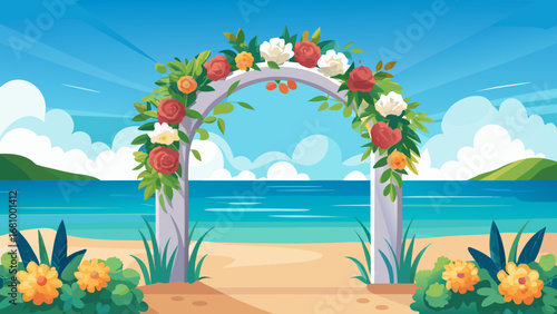 Vector art of a beautiful wedding arch decorated with flowers on a sandy beach