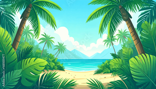 Tropical beach with palm trees view. Sunset on a tropical beach landscape. Beautiful tropical beach with palms. Calm beach with lush greenery around. Tropical paradise with sandy beach view