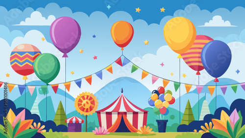 Vector art of festive carnival scene with colorful balloons, tents, and flags decoration
