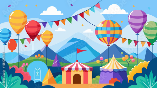 Vector art of colorful carnival fair with balloons, tents, and flags in a festive scene