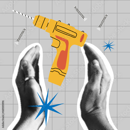Building repair hand halftone collage. Electric drill instrument in arms, renovation industry maintenance equipment, different carpenter tools. House construction, craftsman vector cartoon concept