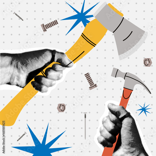 Building repair hand halftone collage. Hammer and axe instrument in arms, renovation industry maintenance equipment, different carpenter tools. House construction, craftsman vector cartoon concept