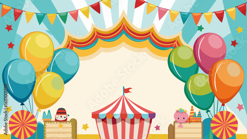 Vector art of festive carnival background with balloons, tent, flags, and party decorations