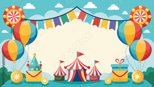 Vector art of colorful carnival background with tents, balloons, flags, and gifts