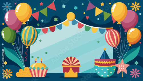 Vector art of festive carnival background with balloons, flags, cake, and party decorations