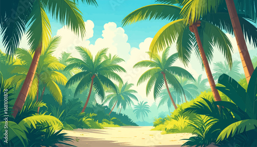Serene island beach with green foliage. Lush palm trees framing sandy beach. Tropical jungle scene with blue sky. Beautiful coastal tropical scene. Sunlit tropical beach with palm trees