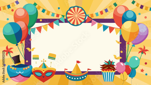 Vector art of carnival background with balloons, flags, mask, cupcake and hat decoration
