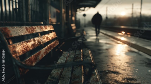 A lone figure walks on a train platform at sunset near weathered benches and tracks.