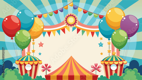 Vector art of carnival background with balloons, flags and tent decoration for party event