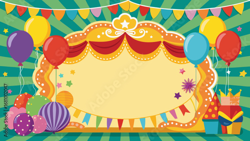 Vector art of carnival background with balloons, flags and gift decoration for party event