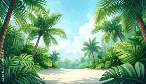Exotic beach view with lush greenery. Peaceful tropical forest with beach view. Tropical island setting with palm trees. Calm tropical oasis with blue skies. Scenic tropical landscape with palms