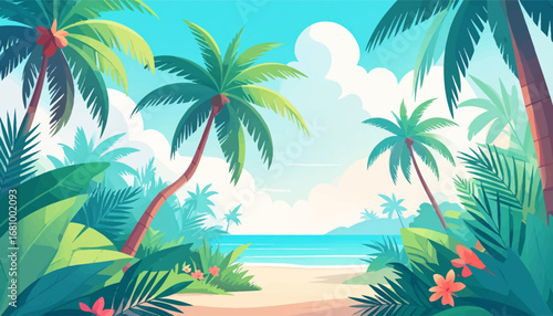 Vibrant tropical beach with fresh scenery. Bright tropical paradise with palm trees. Lush tropical scene with sunny beach. Colorful tropical view with coastal vibes. Relaxing beach with palm tree