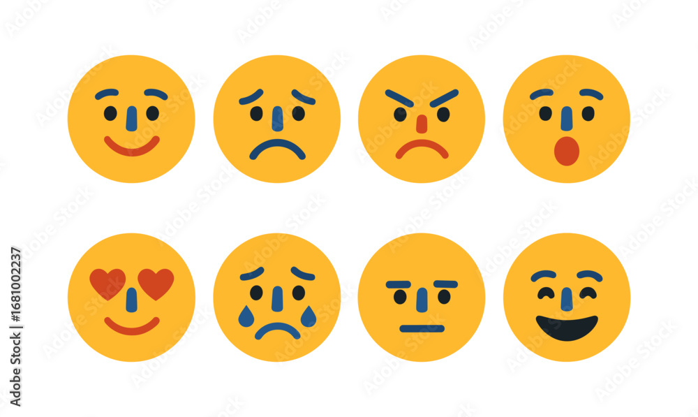 Fototapeta premium Set of eight flat style yellow emoji faces expressing different emotions